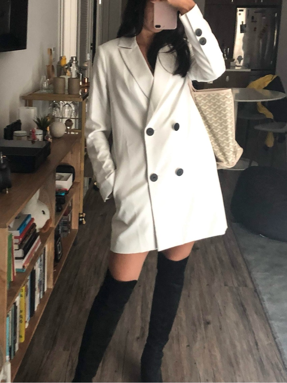 Misha Nonoo Double-Breasted Blazer Dress with Black Button Detail